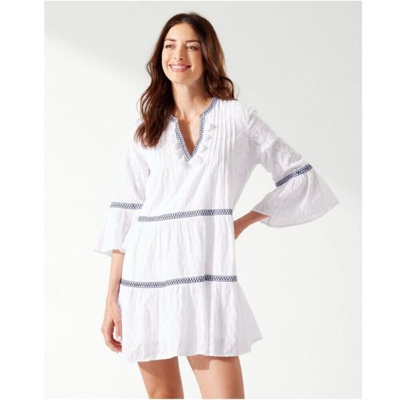 Tommy Bahama Cotton Clip Embroidered Coverup Dress White Blue XS - Picture 1 of 8